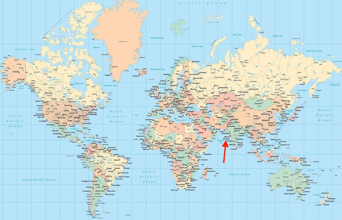世界地図上の「ムンバイ」「ボンベイ」の位置